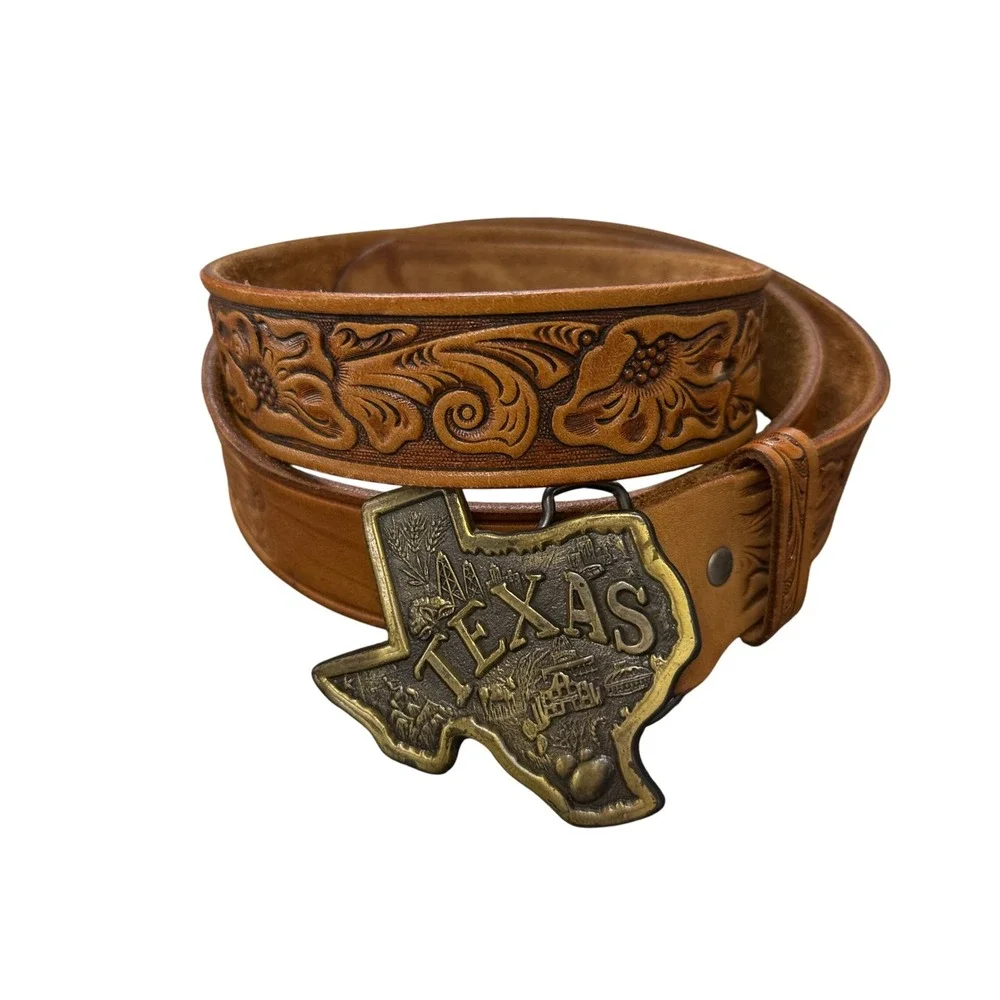 Genuine Leather Floral Tooled Belt Mens 40 Tan Good Texas Buckle Western Cowboy
